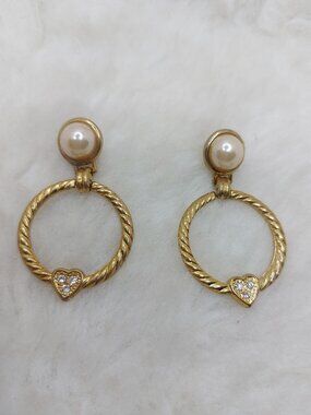 Vintage Faux Pearl Door Knocker Stud with Heart Shaped Rhinestone Earrings